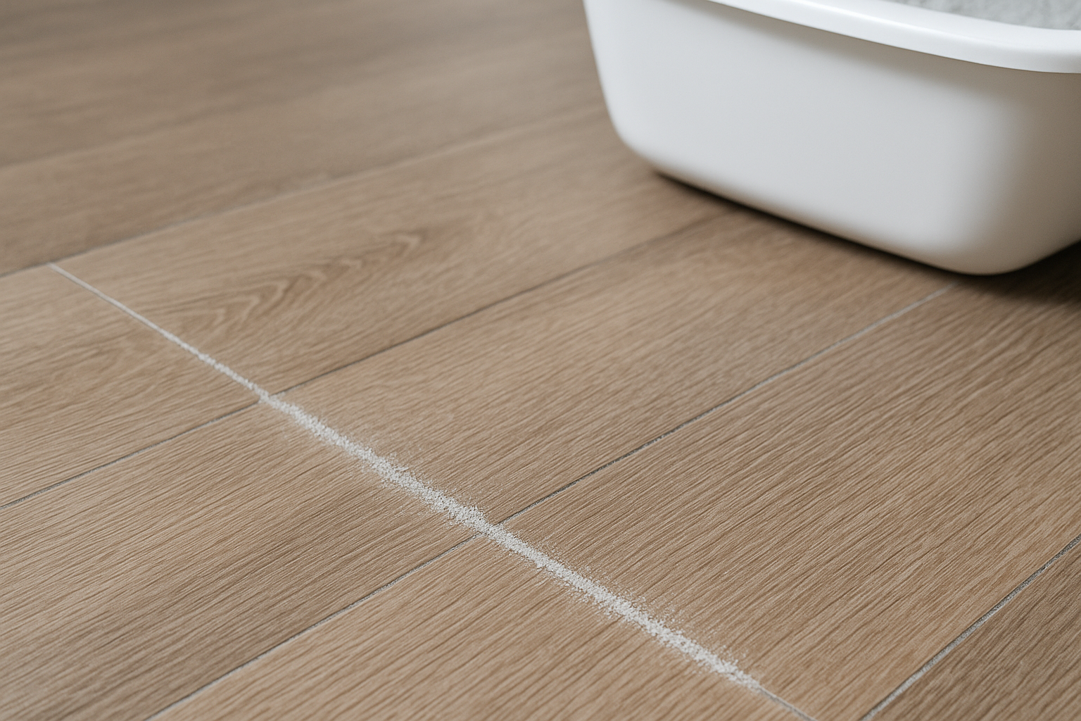 A white line on a wood floor could be caused by caked kitty litter dust. To remove it, be sure to clean between the LVP floor grooves for a spotless finish.