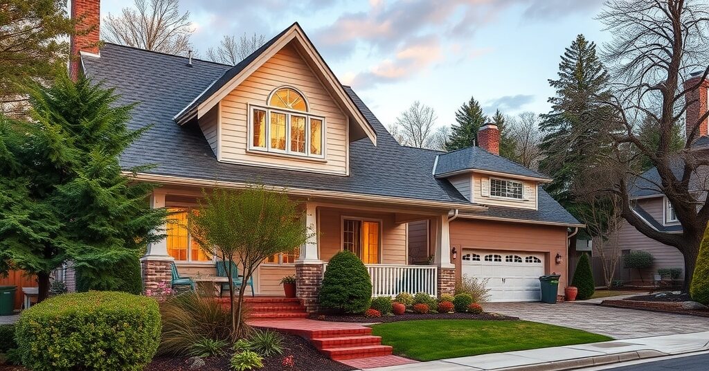 Cozy suburban house with a peaked roof, porch, and garage in Dixon, CA. Red brick steps lead to the entrance. Surrounded by trees and neatly trimmed bushes under a twilight sky—an inviting home with 2025 being the best time to sell.