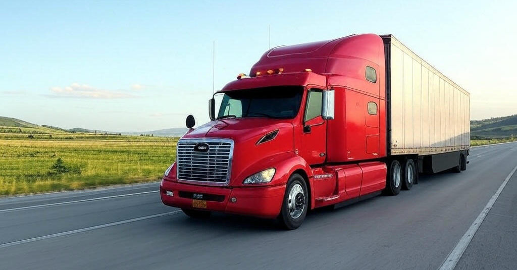 A red semi-truck with a large trailer drives on a highway surrounded by grassy fields under a clear sky, reminiscent of routes often used for Military PCS Moves - Military PCS Moves - Capital Gains Tax Exclusions.