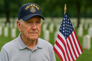 An elderly man wearing a "veteran" cap stands next to an American flag in a cemetery with rows of white headstones in the background.