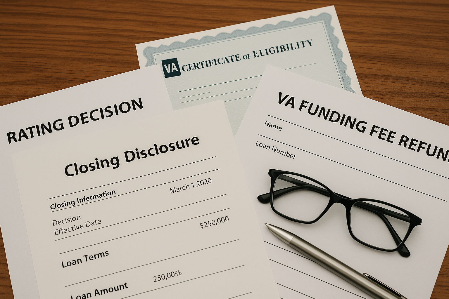 A set of VA loan documents, including a certificate of eligibility, rating decision, closing disclosure, funding fee refund form, a pair of glasses, and a pen on a wooden surface.