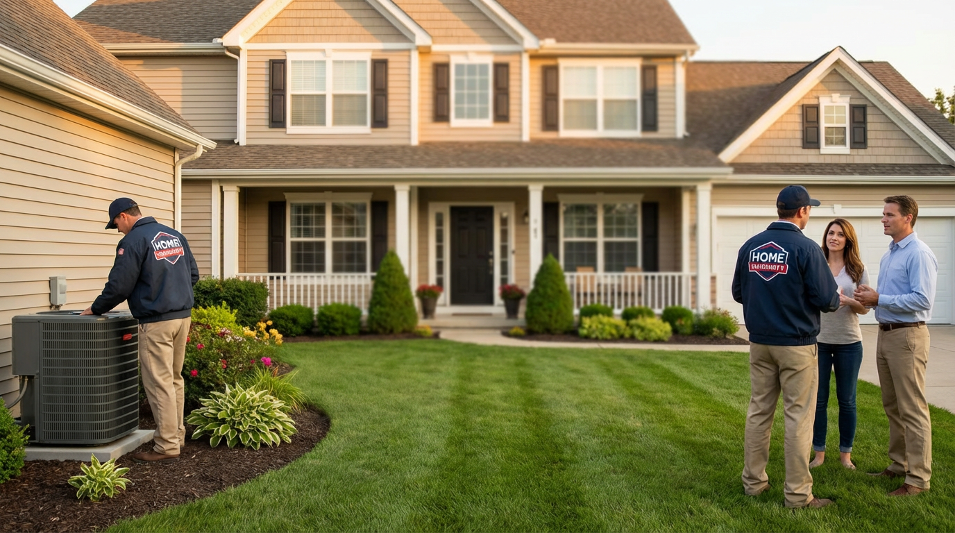 Two technicians in uniforms service an outdoor air conditioning unit while discussing a home warranty comparison with a couple in front of a suburban house with a well-kept lawn.